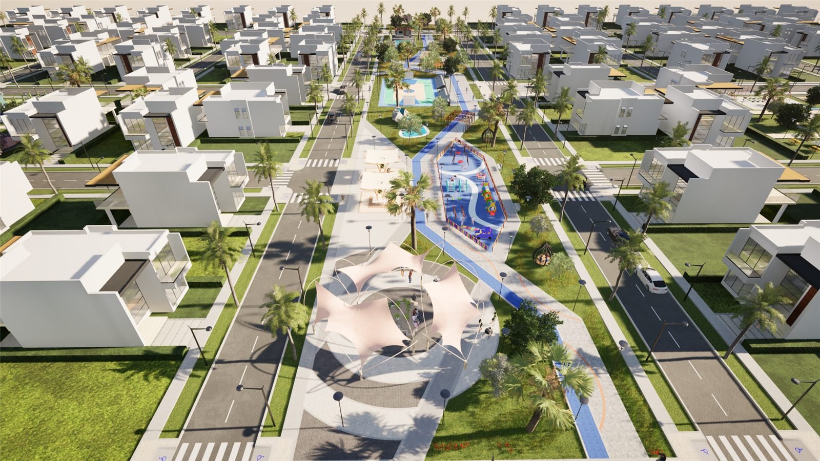 Render aerial de habilitación urbana con áreas verdes